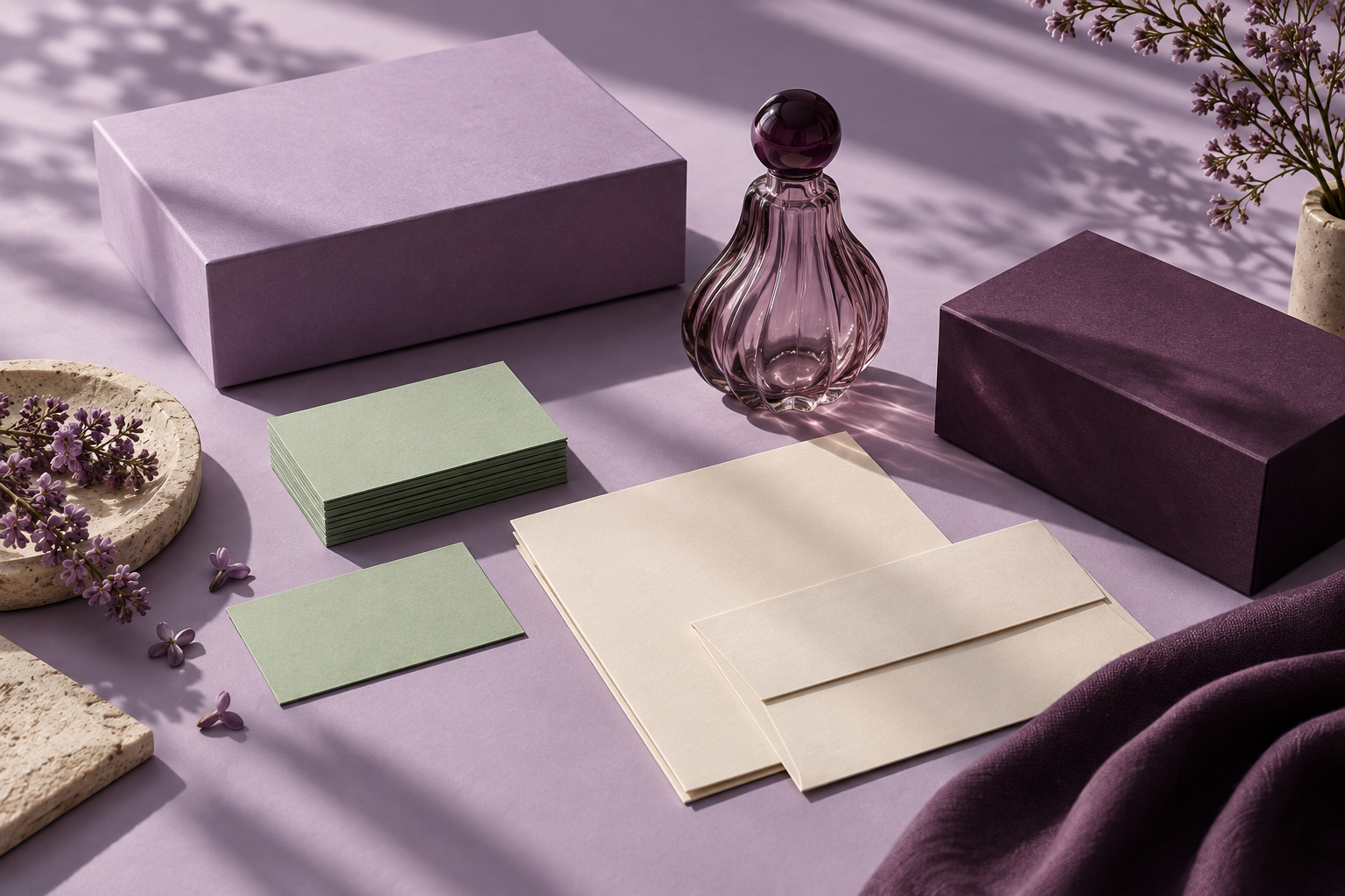 Lifestyle brand concept with lavender packaging, mint stationery and a sculptural glass bottle