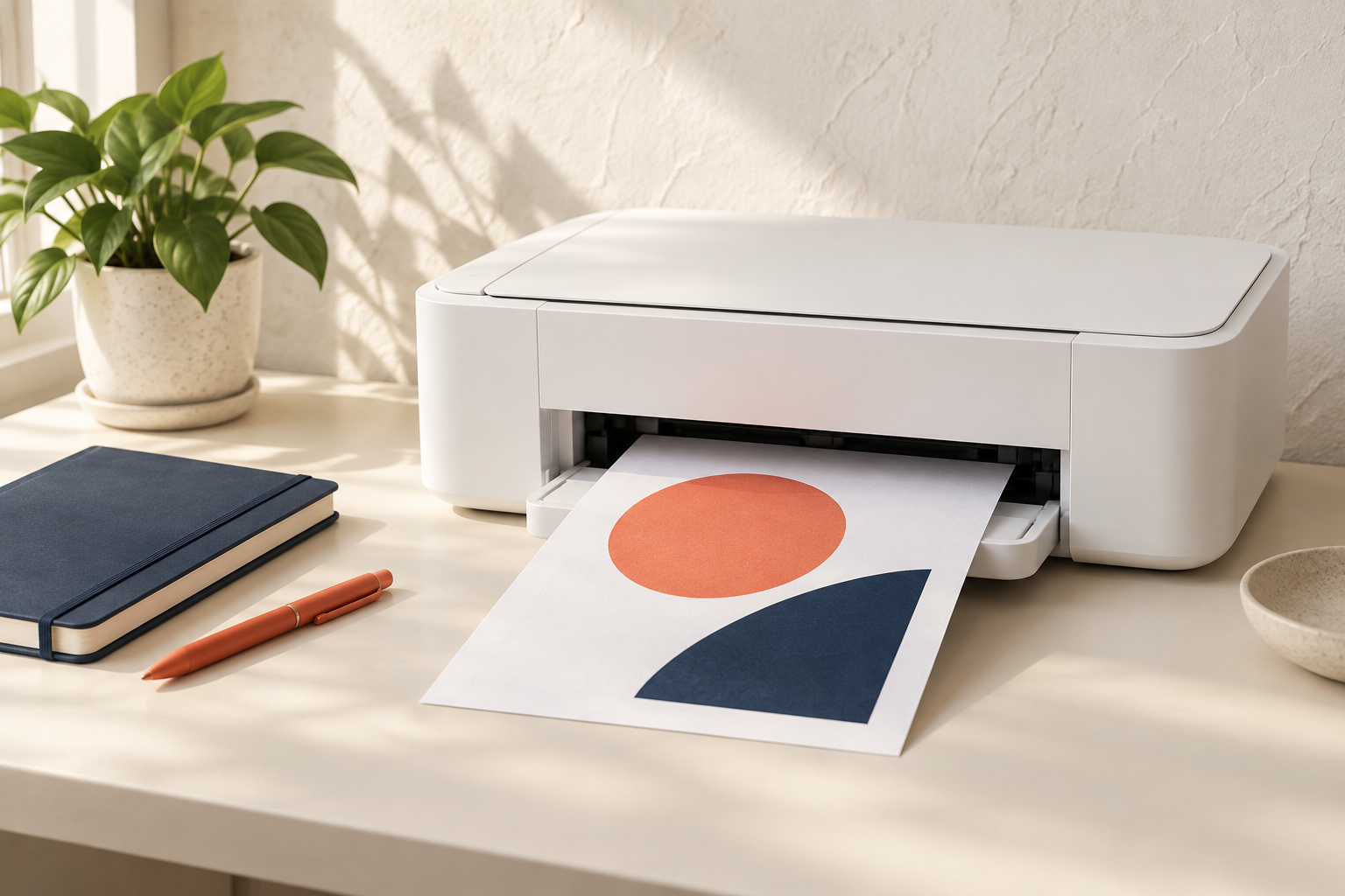 An unbranded white printer producing a coral and navy test design