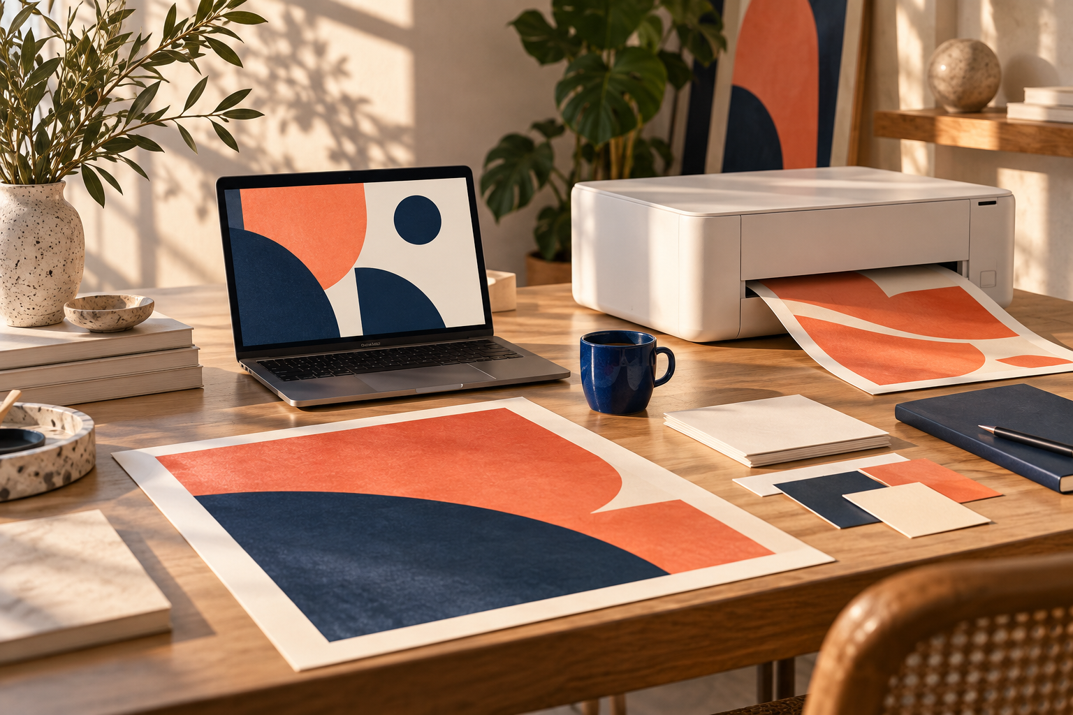 Creative studio desk with a laptop, printer and coral brand materials